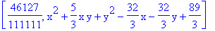[46127/111111, x^2+5/3*x*y+y^2-32/3*x-32/3*y+89/3]